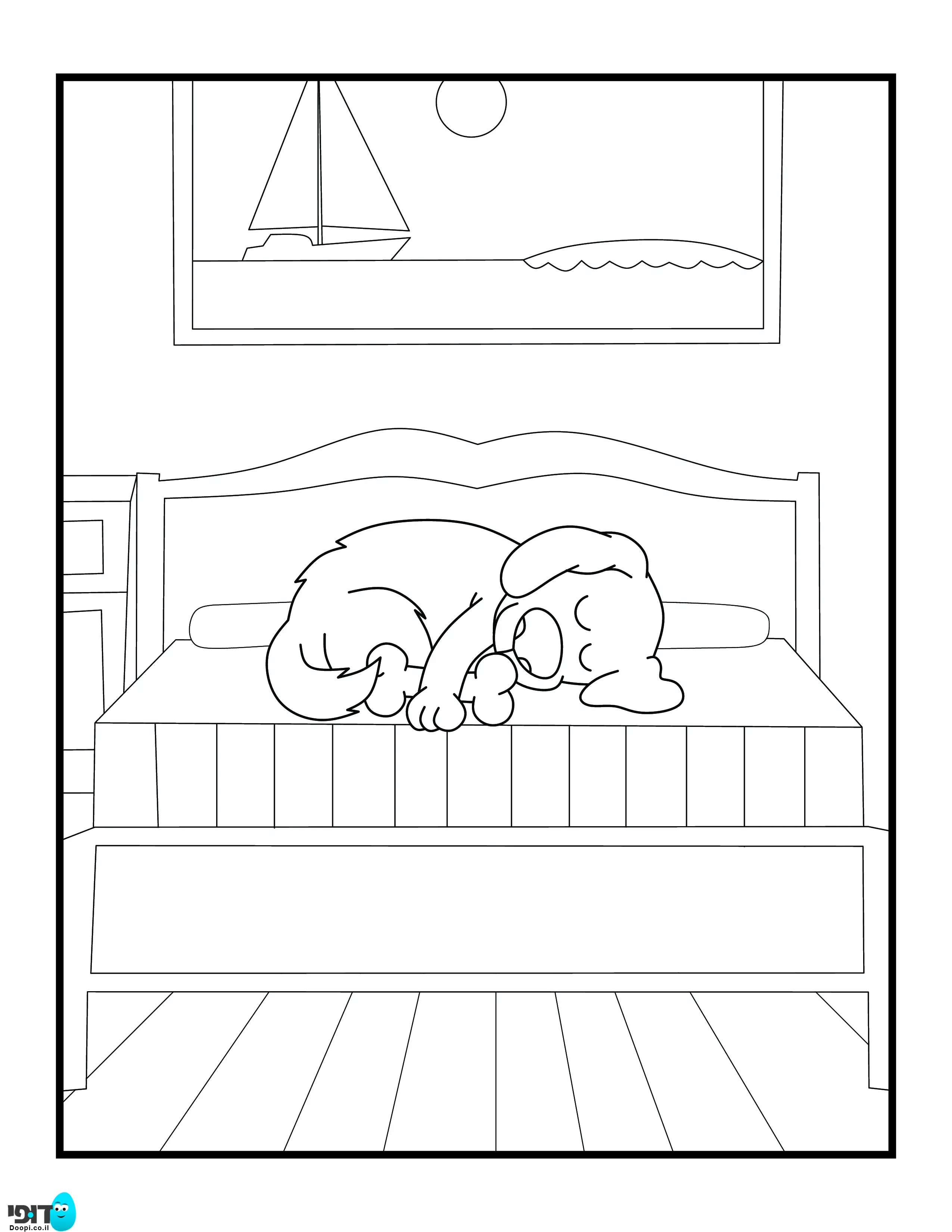 דף צביעה כלב ישן על המיטה